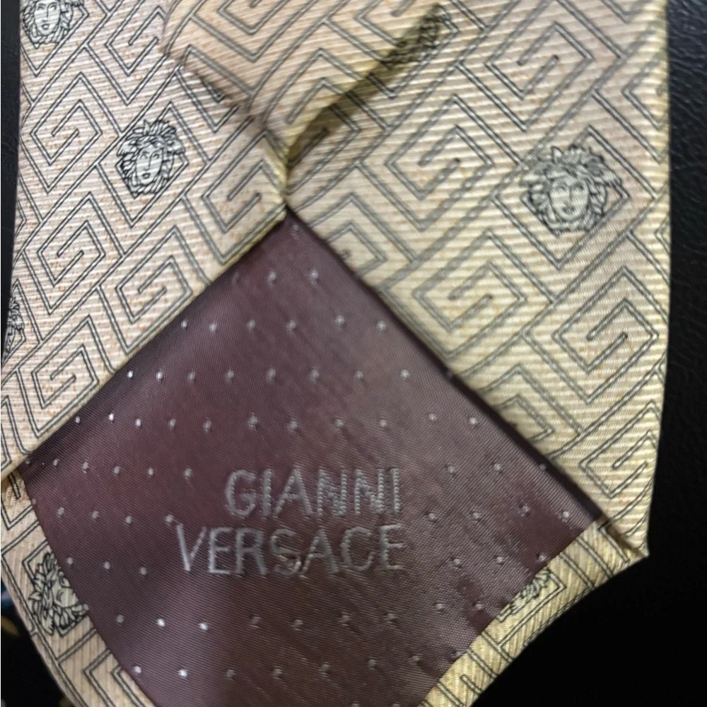 Vintage Versace Logo Beige and Silver Geometric Men's Tie NWOT